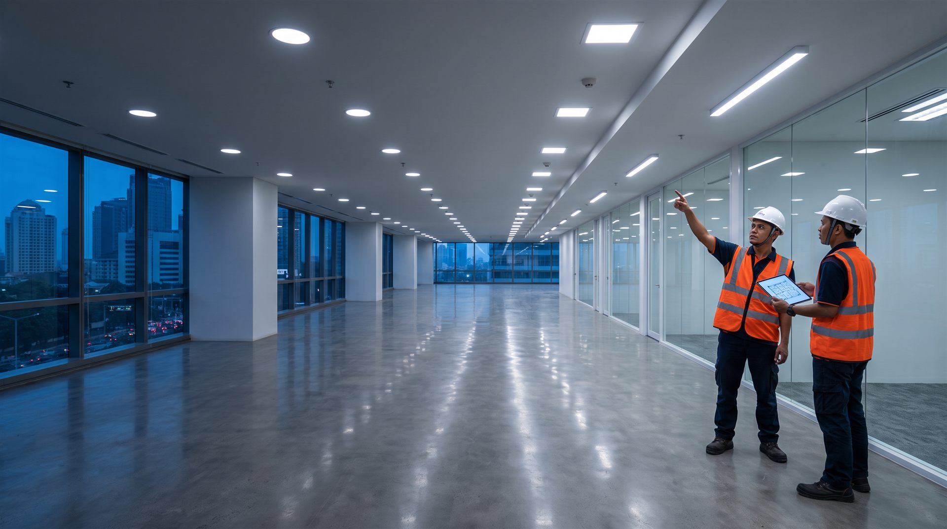 Dua teknisi memeriksa panel LED di lantai kantor yang baru selesai