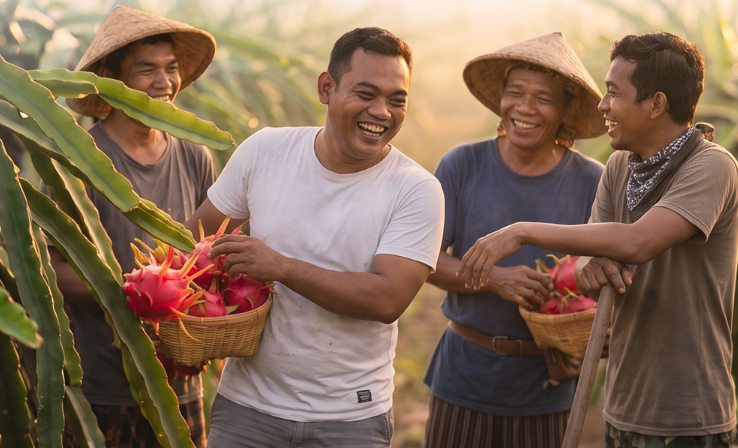 Pak Neno dan tiga petani lain tertawa di ladang buah naga sambil membawa keranjang buah