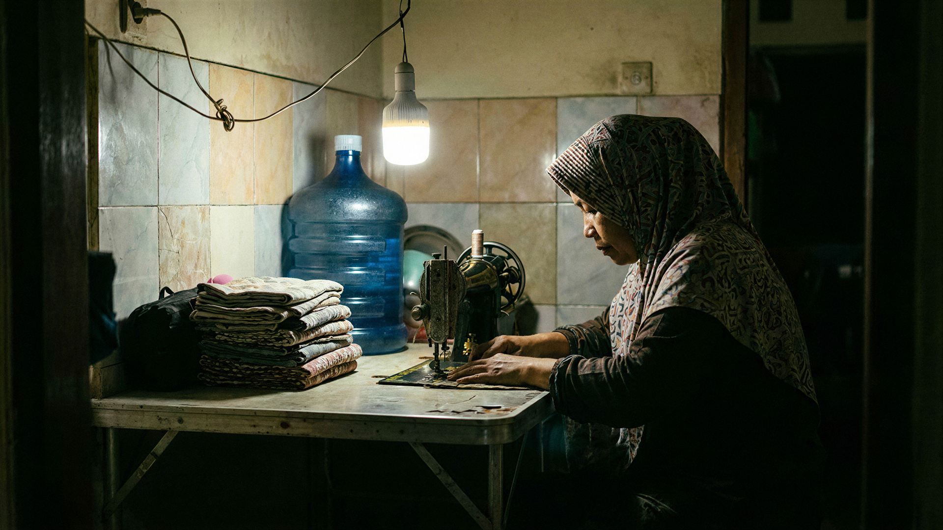 Pojok dapur dengan meja lipat dan mesin jahit, diterangi satu lampu LED